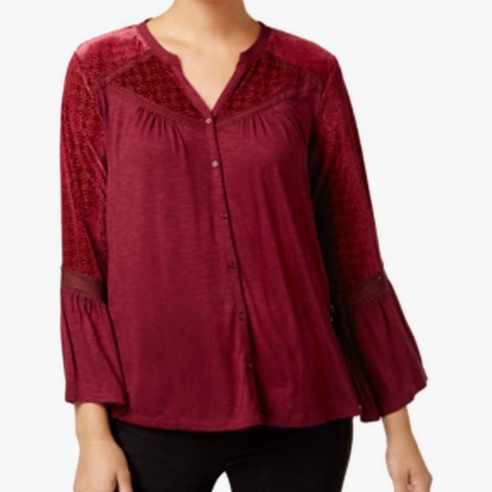 Style & Co maroon wine velvet mesh trim bell sleeve button front blouse size 2X